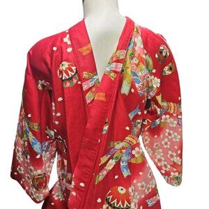 Juguemm Japanese Long Kimono Cotton Robe Womens Red Floral 45" Tie Oriental